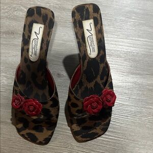 Newport News Leopard Print Mules with Red Floral Detail